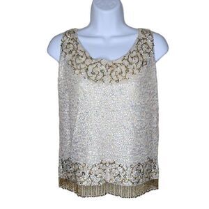 Vintage 60s Sequin Beaded Fringe Top Womens S White Gold Mod Eras